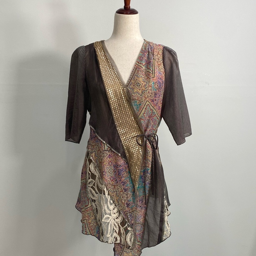 Tine Warp Blouse Silk Mixed Media Patchwork Boho Art to Wear Women's Large
